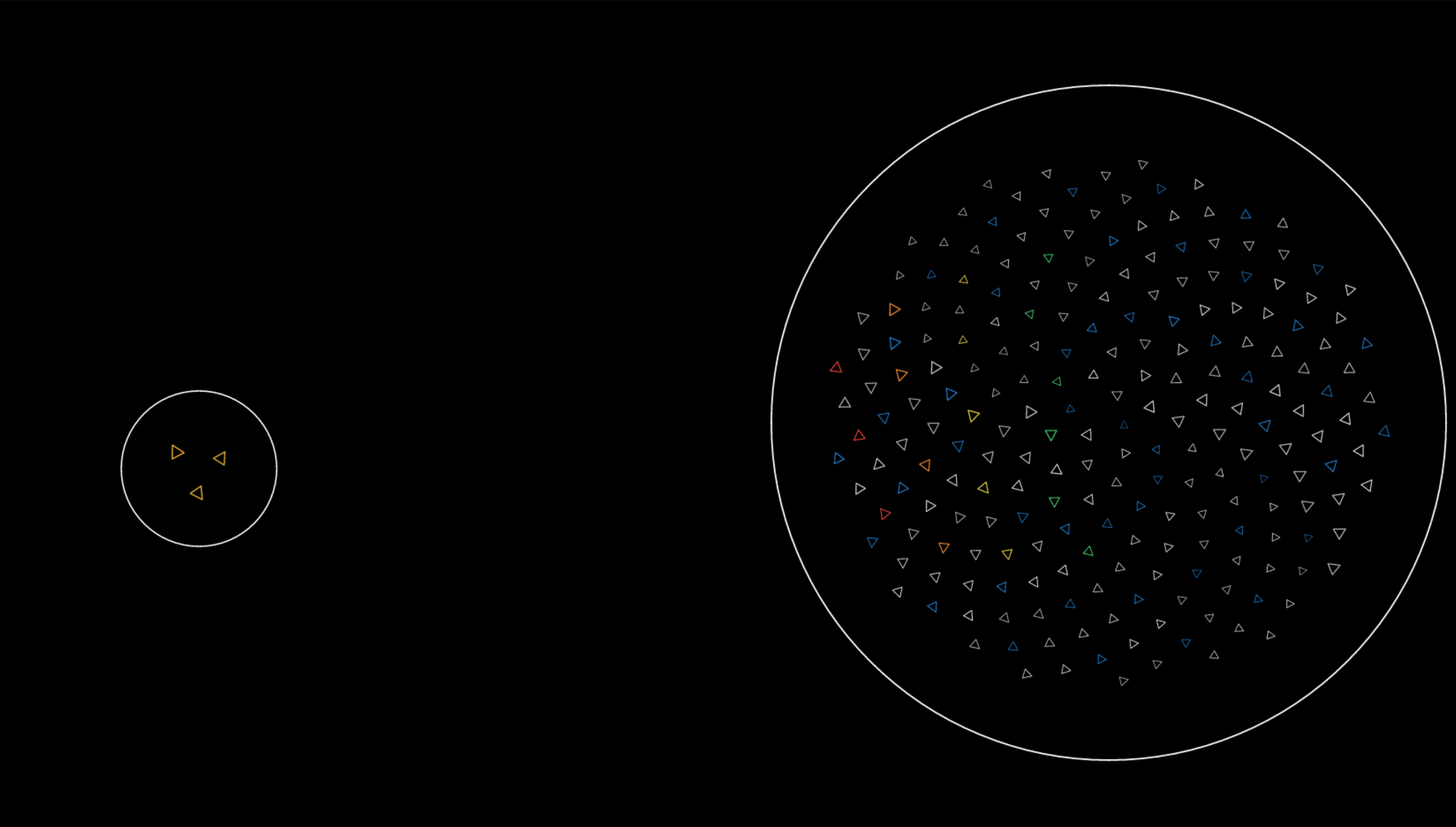 A small contour vessel faces a much larger field of triangular entities on a black background in Growth.